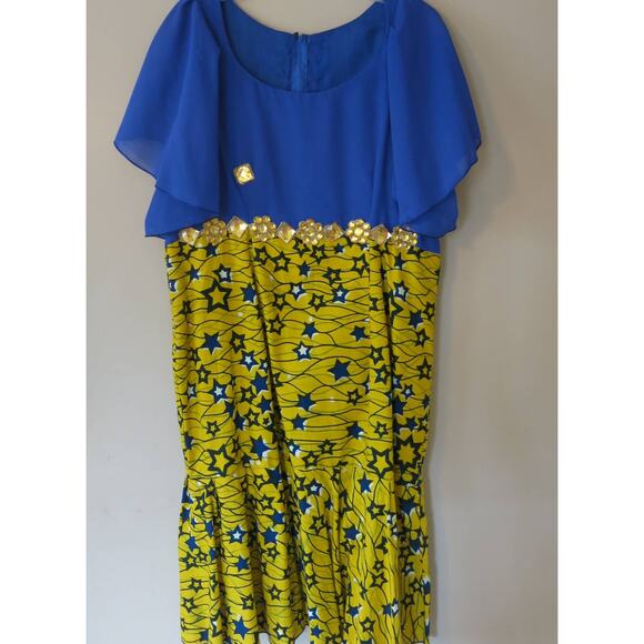 AFRICAN Handmade Ankara Dress Mid Length Short Sleeve Yellow Blue Gems Headwrap - Picture 2 of 11